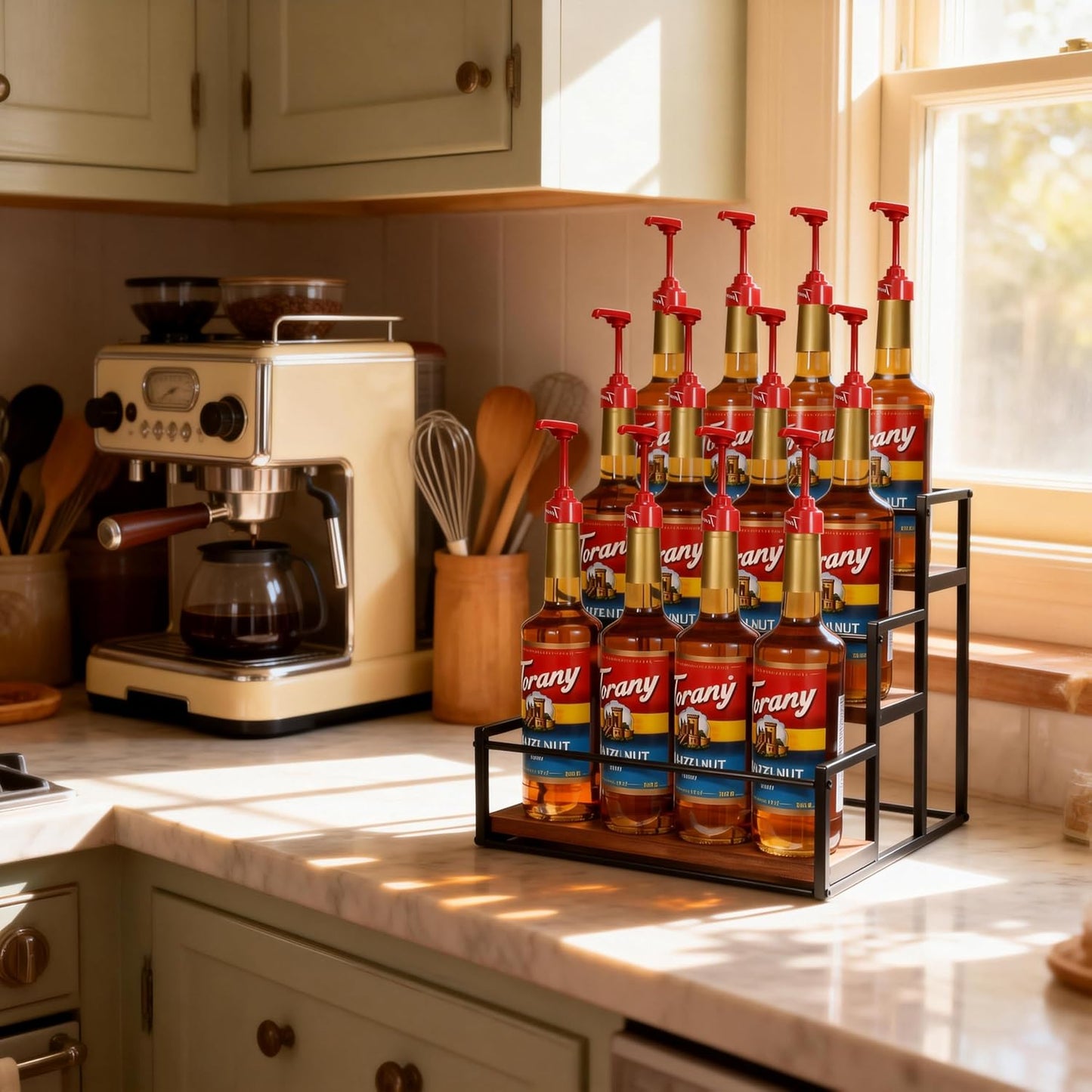 Coffee Syrup Rack Organizer 3-Tier 12 Syrup Bottles Holder Stand for Coffee Bar Station Storage Shelves for Syrup, Wine, Dressing for Kitchen