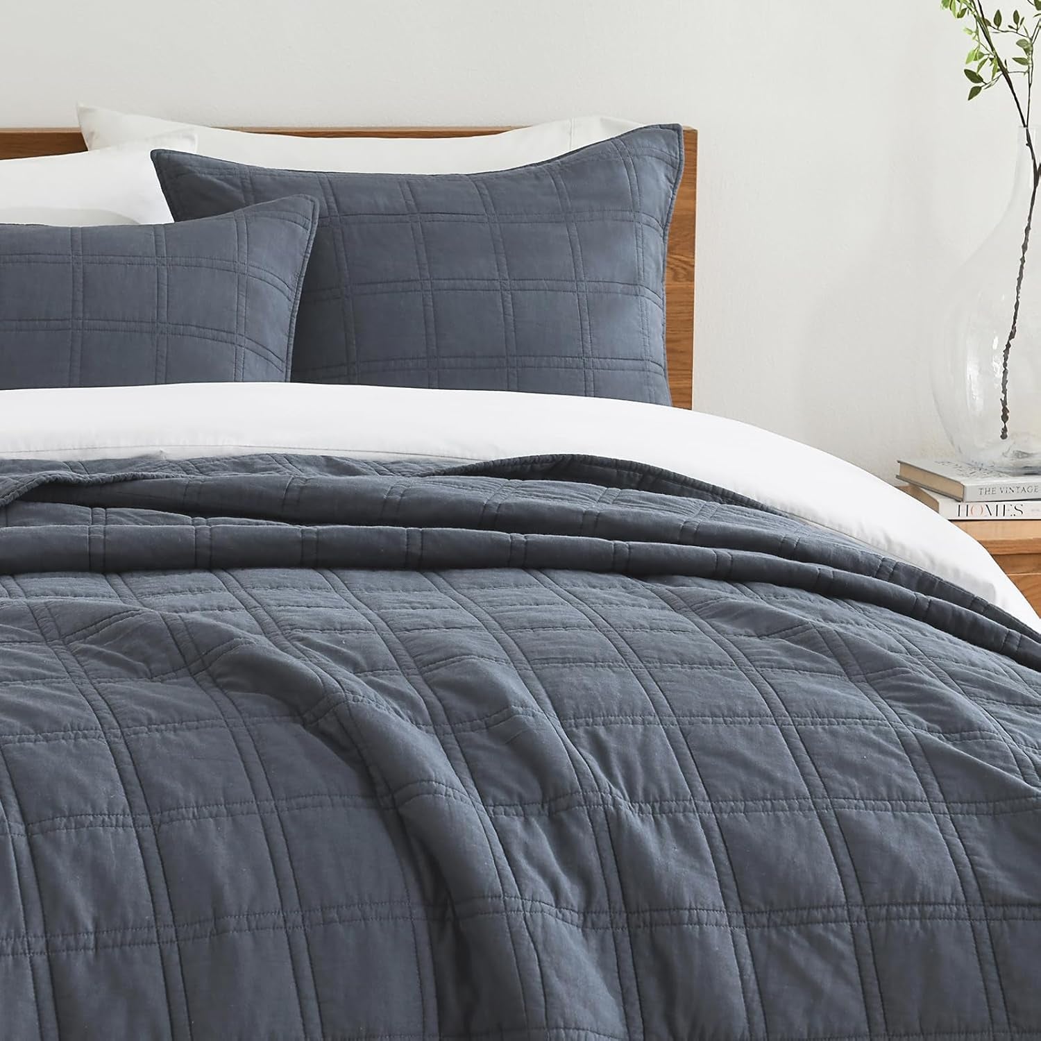 100% Cotton Quilted Pillow Shams King Size, Steel Blue Pre-Washed 2 Pack 20" X 36" Cozy Pillowcases, Breathable Stitching Pillow Cases Cover Decorative for Bed in Geometric Pattern