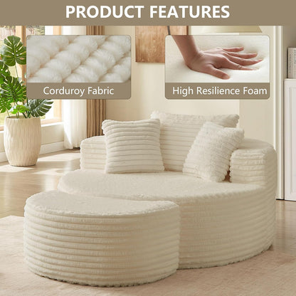 Oversized round Chaise Lounge Chair Indoor with Ottoman, Modern Upholstered Corduroy Circle Couch with Pillows, Boneless round Chairs for Living Room, Apartroom, No Assembly Required, White