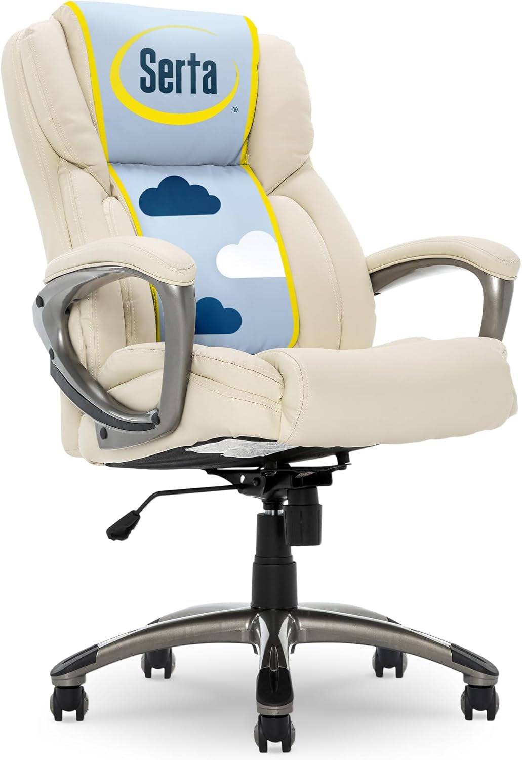 Garret Executive Office Chair, Ergonomic Mid-Back with Lumbar Support, Semi-Plush Cushion and Body Pillows, Padded Armrests, Swivel Base, Bonded Leather, Ivory White