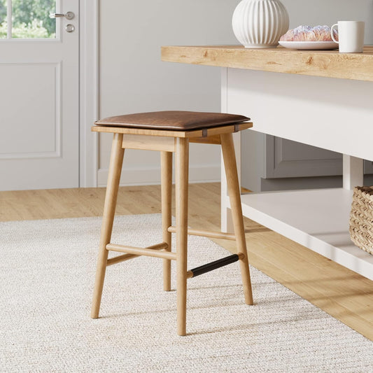 Barker Classic Counter Height Wood Barstool with Leather Removable Cushion, Backless Island 24" Bar Stool for Kitchen, Chestnut Brown