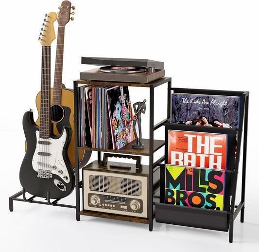 Record Player Stand with Guitar Rack, for Acoustic, Electric & Bass Guitars, 3 Tier Vinyl Record Storage up to 200 Albums, Record Shelf for Living Room and Bedroom