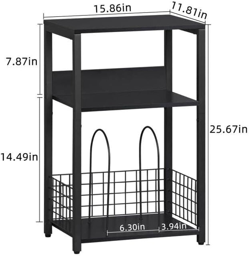 Black End Table, Small Side Table with Metal Frame,Modern Record Player Stand with Storage Shelf, Wood 3 Tier Sofa Bedside Tables, Narrow Nightstand for Living Room Bedroom Office