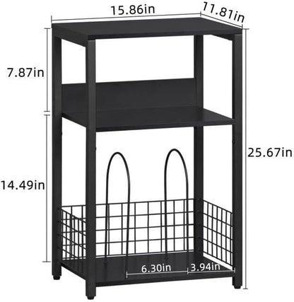 Black End Table, Small Side Table with Metal Frame,Modern Record Player Stand with Storage Shelf, Wood 3 Tier Sofa Bedside Tables, Narrow Nightstand for Living Room Bedroom Office