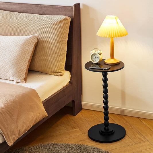 Round Side Table, Solid Wood Drink Table, Modern Minimalist Bedside Table, Living Room Sofa End Table, Bedroom Small Corner Table for Small Spaces Black YD-RST001B