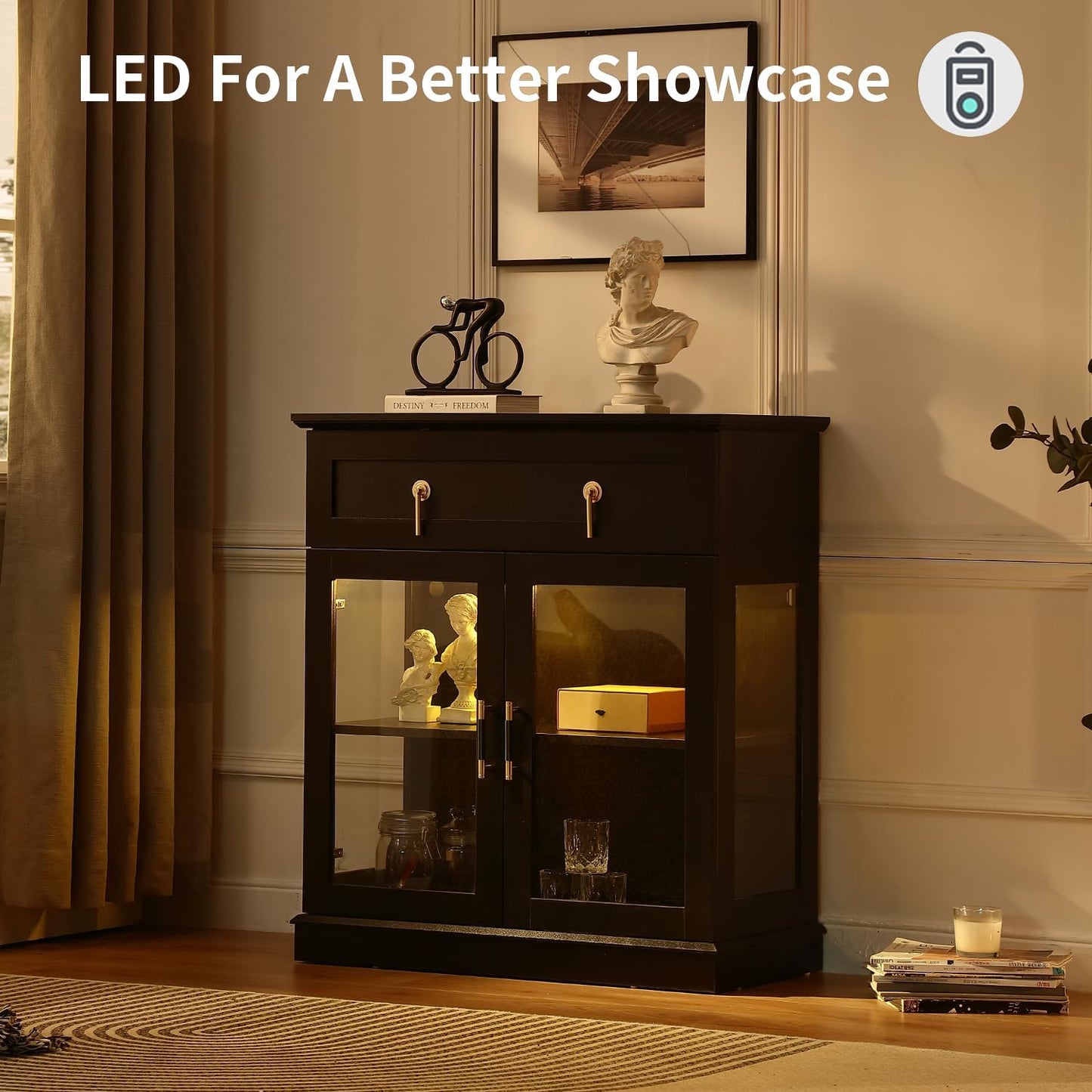 31.5'' Accent Small Buffet Cabinet with Storage, Buffet Sideboard with Two Glass Doors and a Drawer,Small Coffee Bar Cabinet with Adjustable Shelf,For Kitchen and Entryway,Black