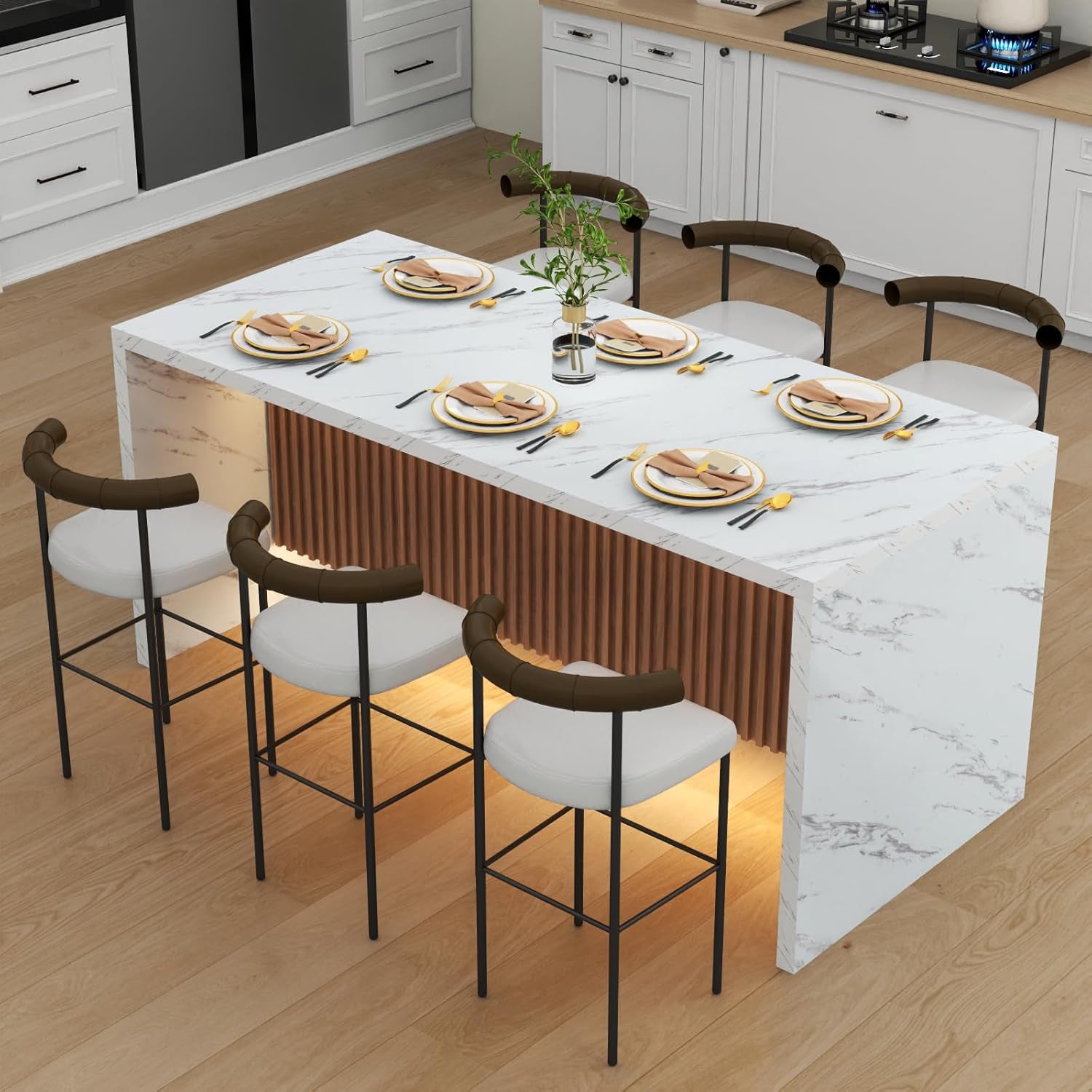 71" Large Imitation Marble Dining Table for 6-8 People(Patent Pending), Island Table with LED Lights, Mordern Marble Stripes Kitchen Dining Table with Grille Design for Dining Room,Living Room,White