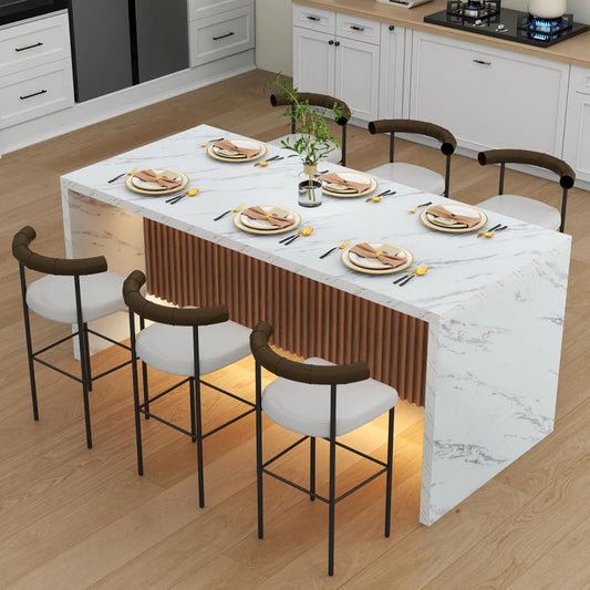 71" Large Imitation Marble Dining Table for 6-8 People(Patent Pending), Island Table with LED Lights, Mordern Marble Stripes Kitchen Dining Table with Grille Design for Dining Room,Living Room,White
