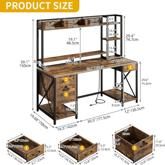 Computer Desk with Drawers & Hutch, 59.1" Office Desk with Power Outlets & LED Lights, Home Office Desk with Storage Shelves, Rustic Brown