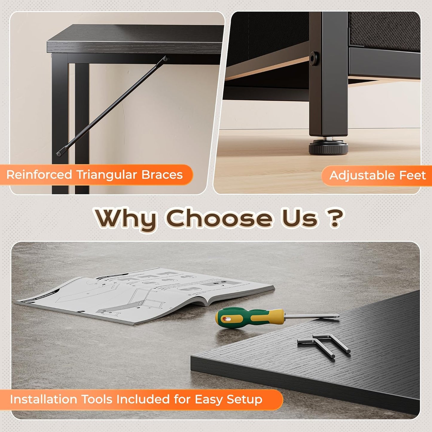 55 Inch L Shaped Desk with Power Outlets and USB-C Port, Computer Corner Home Office Desk with File Fabric Drawers and Movable Monitor Stand, Larger Storage for Gaming, Work, Black