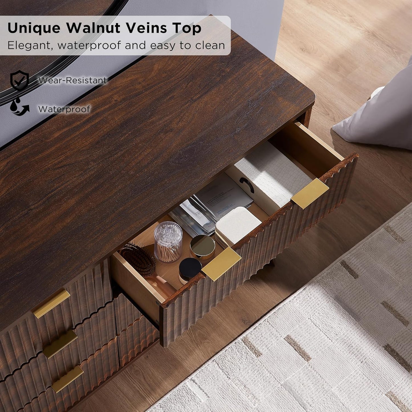 Fluted 6 Drawers Dresser, 54" Wide Modern Chest of Drawers, Curved Profile Design, Dresser TV Stand, Wood Drawer Organizer for Bedroom, Living Room, Hallway, Dark Walnut