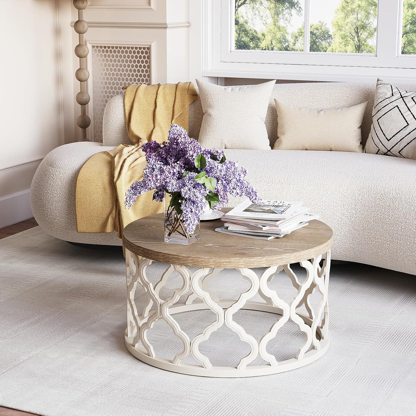 Farmhouse Coffee Table, French Country round Coffee Table, Coastal Coffee Table with Distressed Top, Boho Coffee Table with Curved Motif Frame Base for Living Room, Dining Room, Bedroom