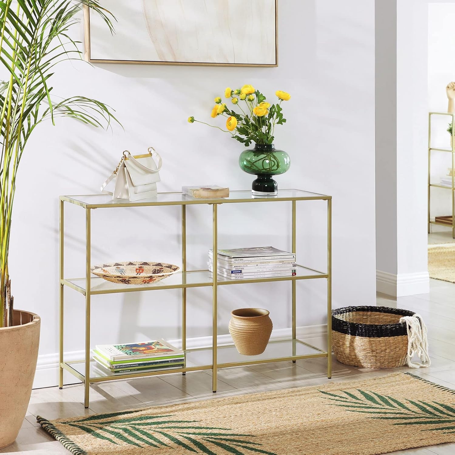 39.4 Inch Console Table with 3 Shelves, Set of 2 Sofa Tables, Modern Entryway Table, Metal Frame, Tempered Glass Shelf, Entryway Living Room Bedroom, Metallic Gold and Transparent ULGT999G01