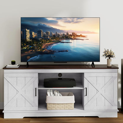 Farmhouse TV Stands for Living Room, Entertainment Center with Storage, TV Stand for 65 Inch TV with Double Barn Doors & Storage Cabinets, Rustic TV Cabinet Media Console, Espresso & Grey White