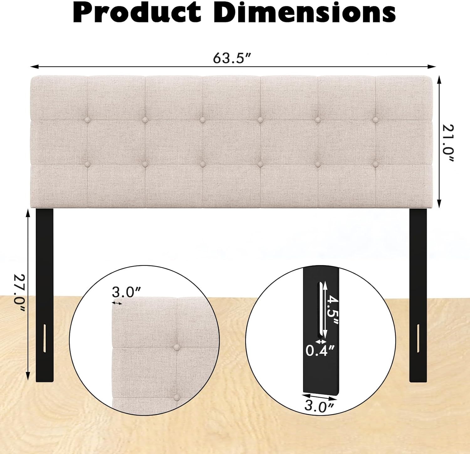 Linen Upholstered Headboard, Adjustable Width Button Tufted Headboard Only with Solid Wood Legs, Attach Frame, Modern Headboards for Queen Full Size Bed, Beige