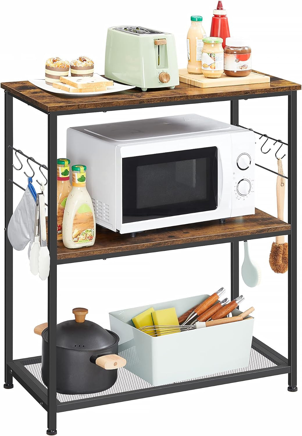 Bakers Rack, Kitchen Shelf, Kitchen Island, Microwave Oven Stand with 3 Open Shelves, 6 Hooks, Metal Frame, 15.7 X 31.5 X 35.4 Inches, Industrial, Rustic Brown and Black UKKI002B01