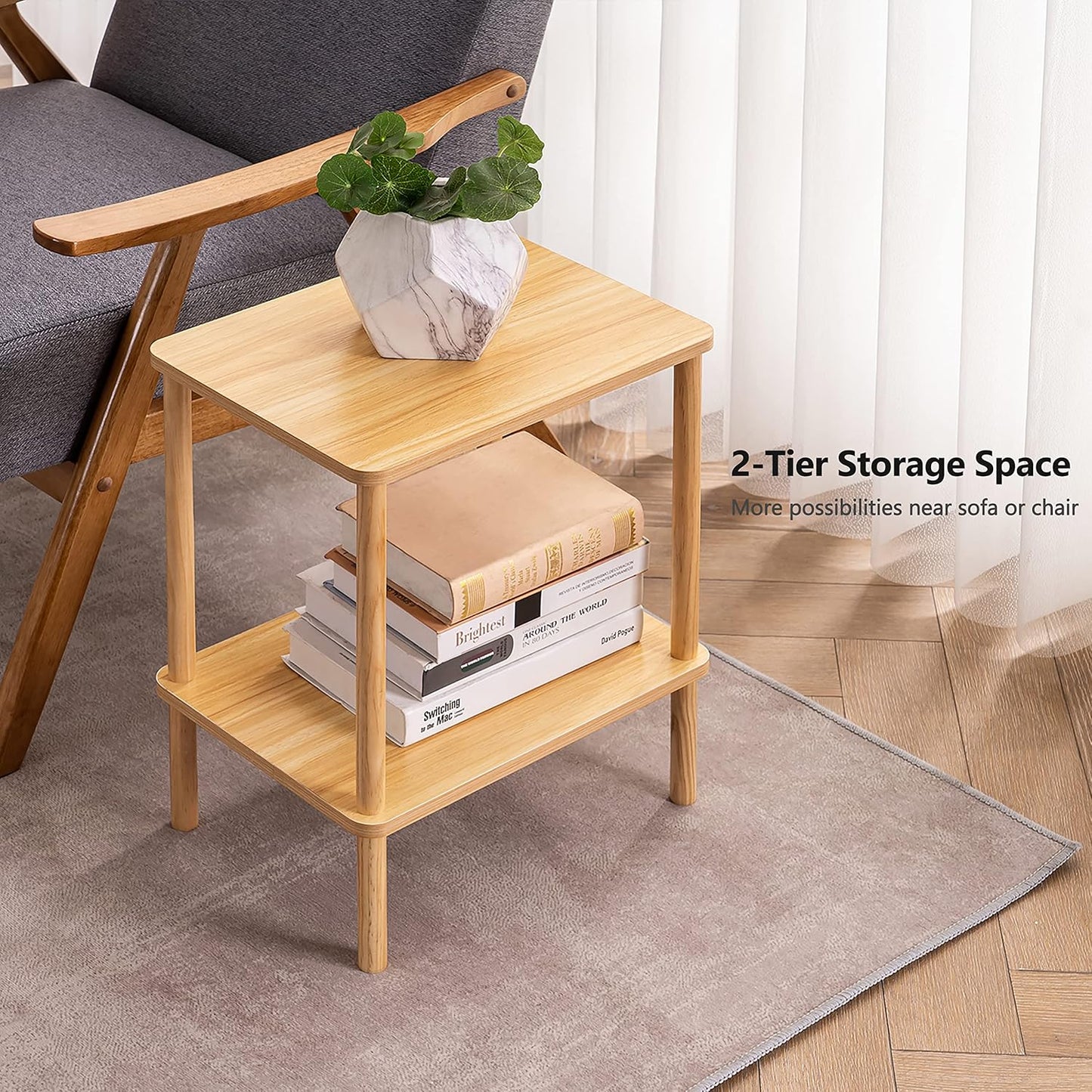 2 Tier End Table, Small Side Table with Solid Wood Legs, Boho Bedside Table with Storage Shelf, Nightstand for Small Spaces, Bedroom, Living Room, Entryway, Farmhouse, Easy Assembly, Natural