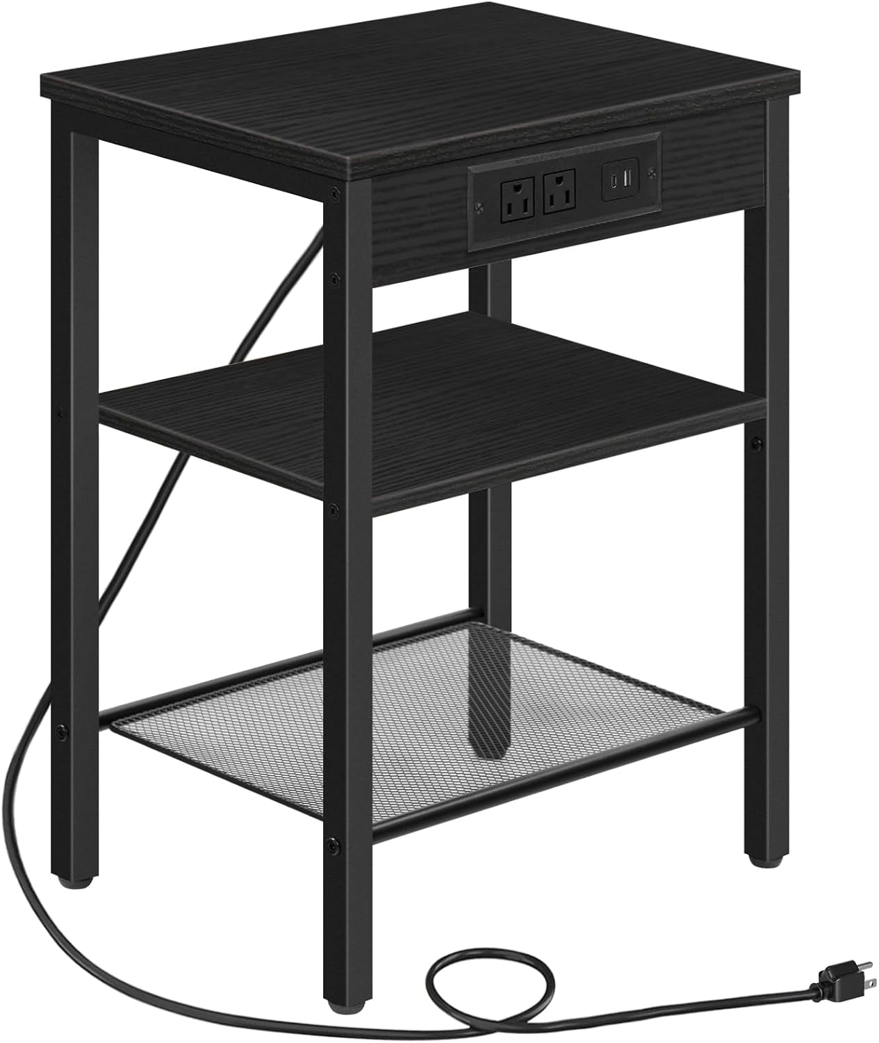 Side Table with Charging Station and USB Port, Small End Table for Small Space, 3-Tier Nightstand with Adjustable Shelf, for Living Room, Bedroom and Balcony, Black BB112BZ01