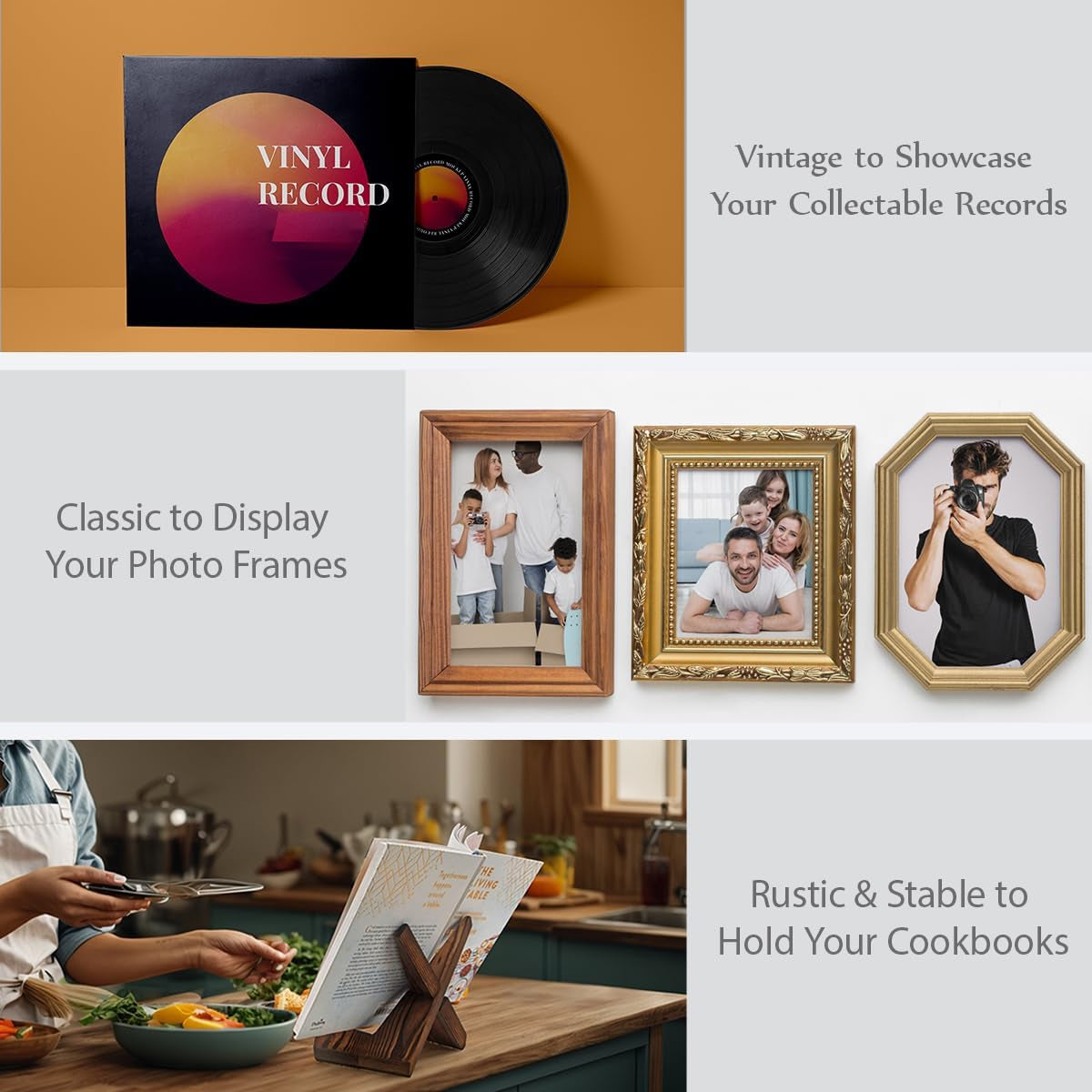 Retro Record Stand Natural Wood, Retro Record Holder for Display, Vinyl Records Holder Black Wooden Record Stand, Country Rustic Plate Stand for Display (1 in Black)