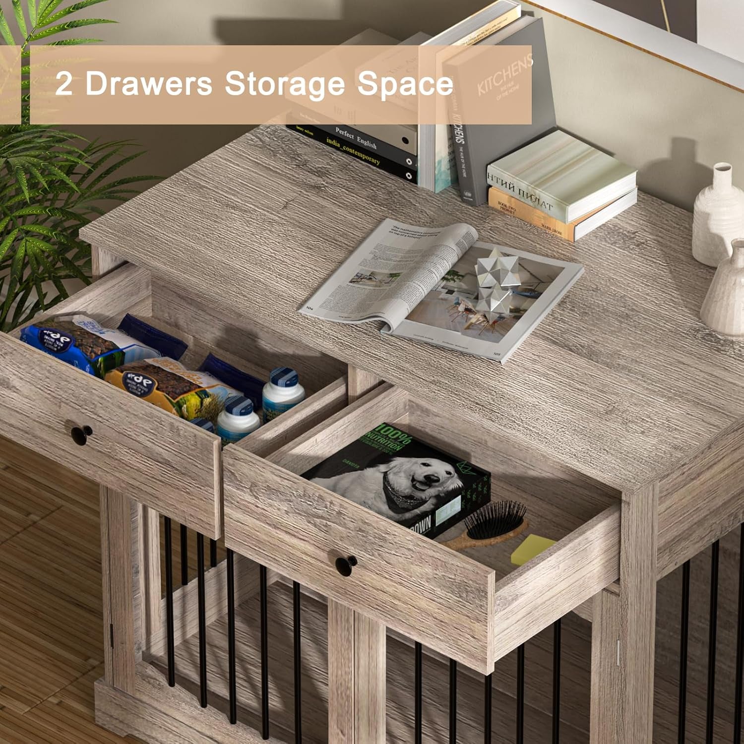 40 Inch Dog Crate Furniture-Farmhouse Dog Kennel with Drawers-End Table Wooden Pet Crate, Double Door Design, Decorative Dog House Indoor for Small Medium Large Dog, Oak Grey