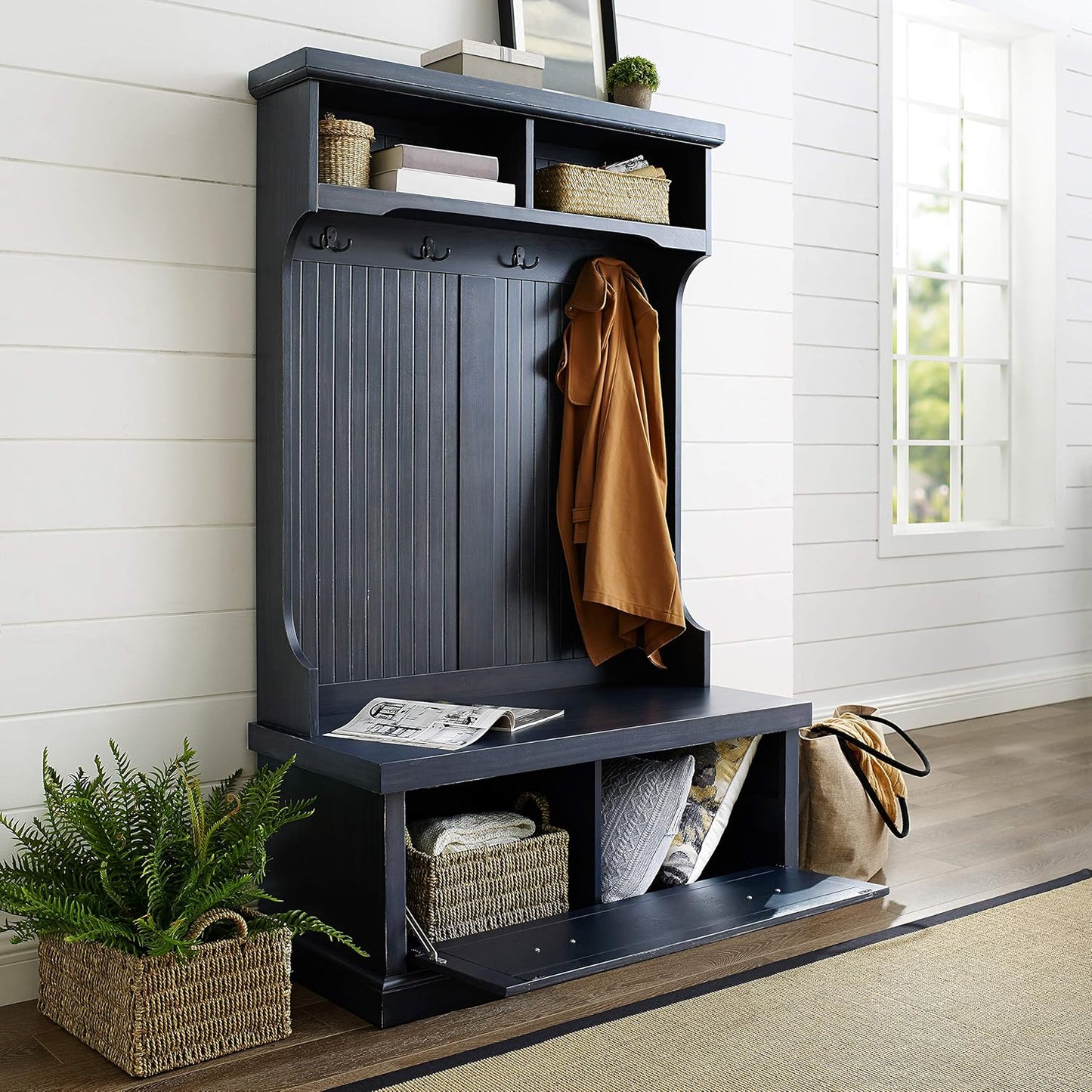 Seaside Hall Tree with Shoe Rack Bench and Coat Hooks for Hanging Storage, Distressed Navy