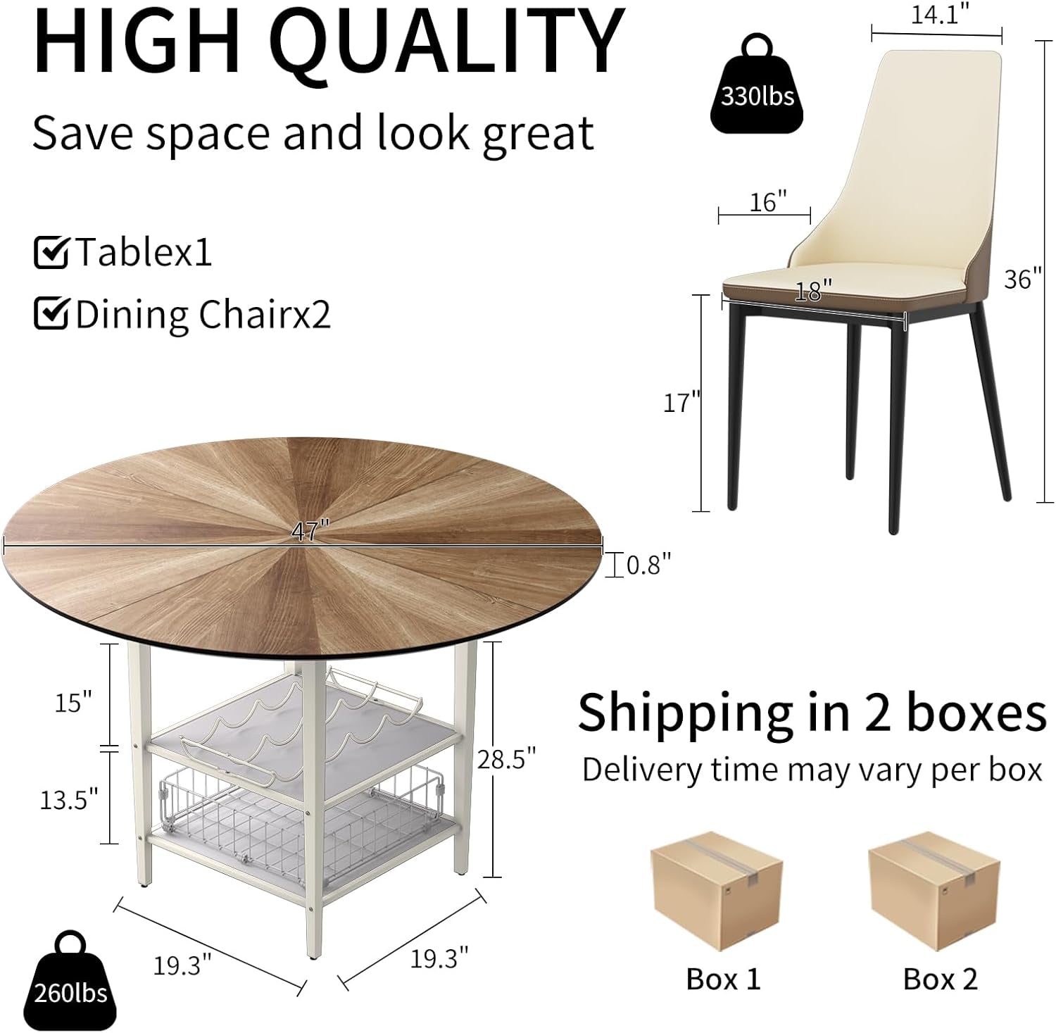 47'' round Dining Table Set for 4-6, Farmhouse Kitchen Table with 4 Chairs & Storage Rack, Rustic Wood Dining Set with Sturdy Metal Base for Dining Room & Living Room