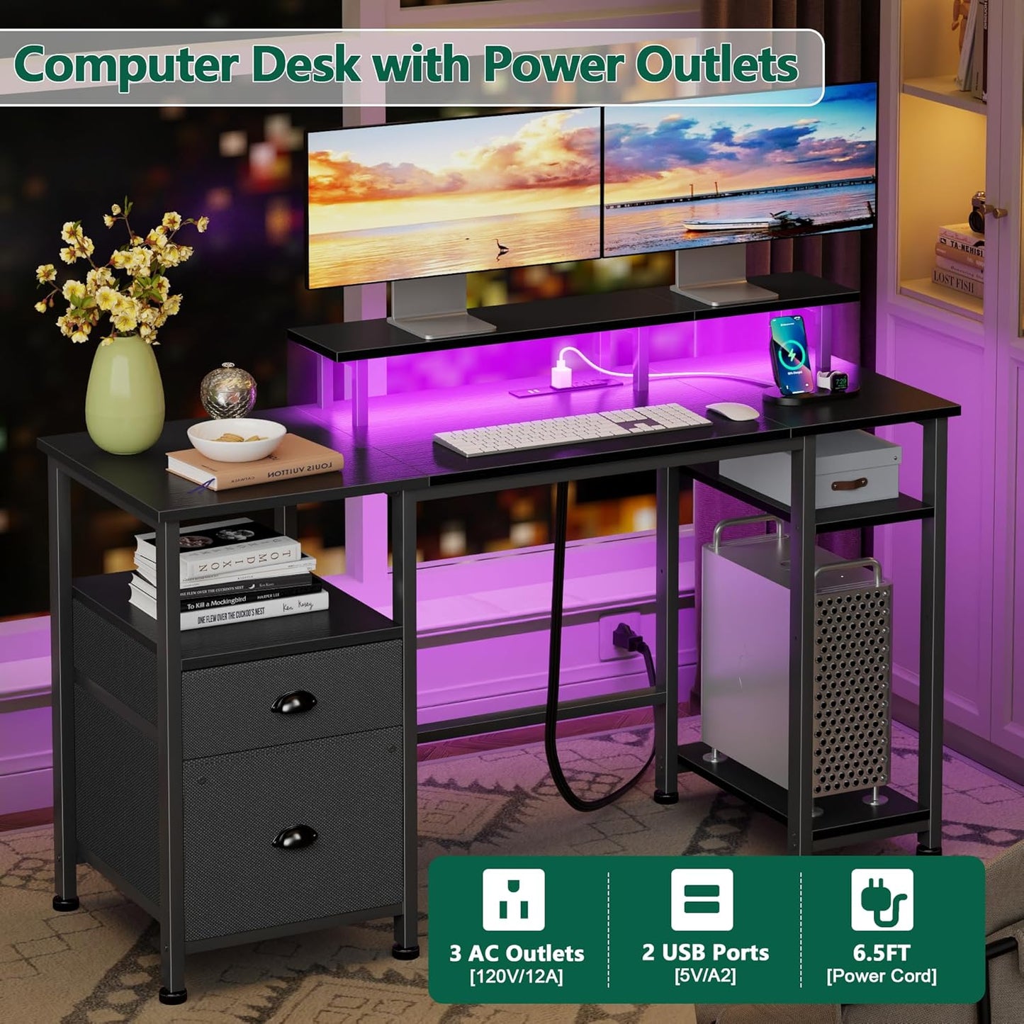 51" Gaming Desk with Power Outlets & LED Lights, Reversible Computer Desk with File Cabinet & Monitor Stand for Home Office, Large Work Table with Storage Shelves & Drawer, Black