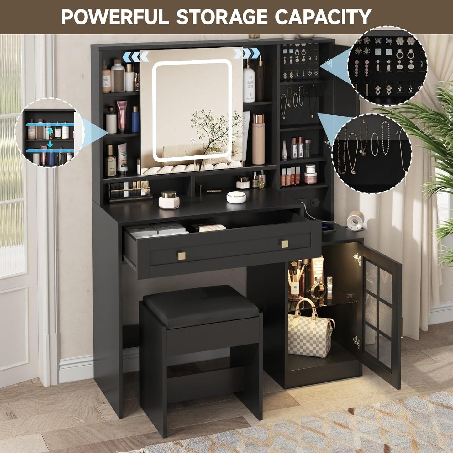 Vanity Desk with Sliding Mirror and Lights, 41.8'' Black Makeup Vanity Table with Jewelry Storage & Charging Station, Stool, Large Drawer, Visual Cabinet, 3 Lighting Modes, Adjustable Shelves