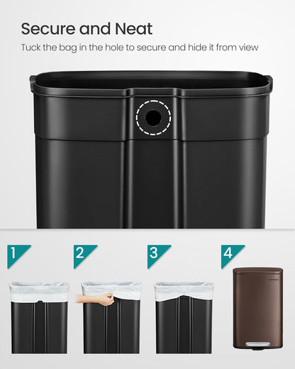 13 Gallon (50 L) Trash Can, Stainless Steel Kitchen Garbage Can, Recycling or Waste Bin, Soft Close, Step-On Pedal, Removable Inner Bucket, Brown ULTB50BR