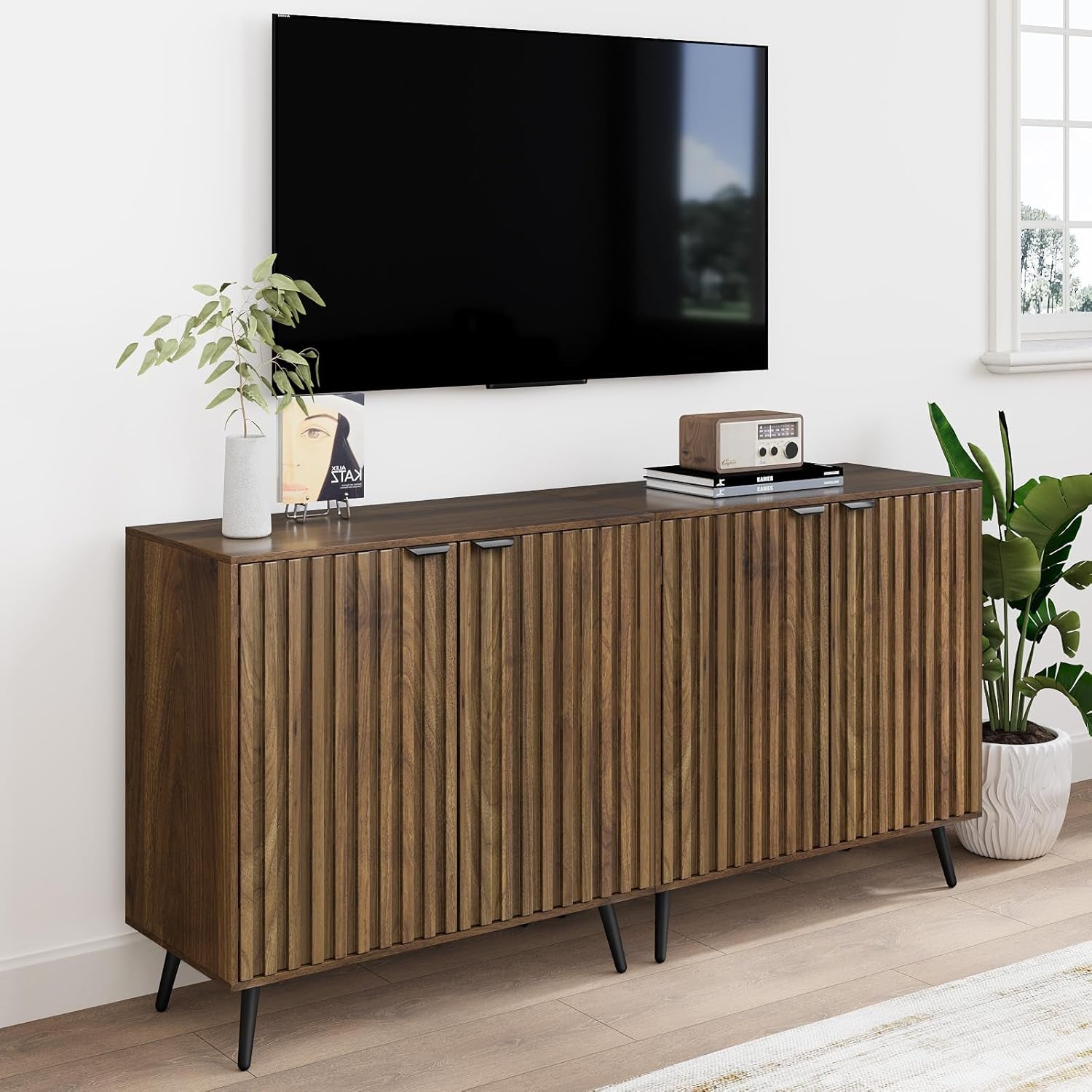Fluted Sideboard Cabinet, Freestanding Walnut Buffet Cabinet with Adjustable Shelf, Wood Storage Cabinet for Living Room, Entryway, Hallway