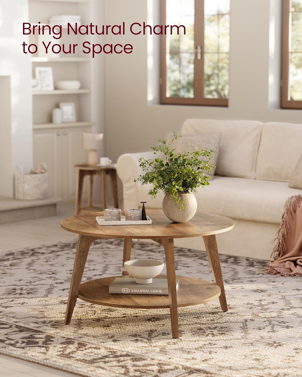 MAEZO Collection - round Coffee Table, 2-Tier Center Table with Storage, Tapered Legs, Curved Transitions, 31.5 Dia. X 17.7 H Inches, Easy Assembly, for Living Room, Honey Brown ULCT243K41