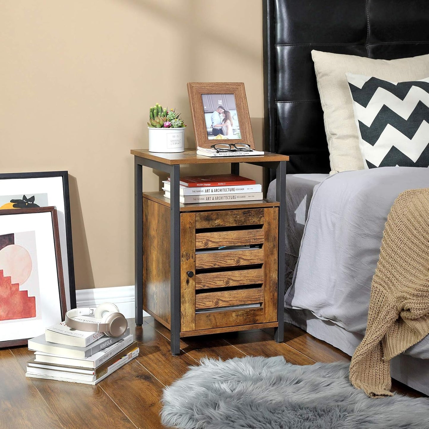 Nightstand, End Table with Open Shelf, Side Table, Inner Adjustable Shelf, Steel Frame, 15.7 X 15.7 X 23.6 Inches, Bedroom, Industrial, Rustic Brown and Black ULET62BX