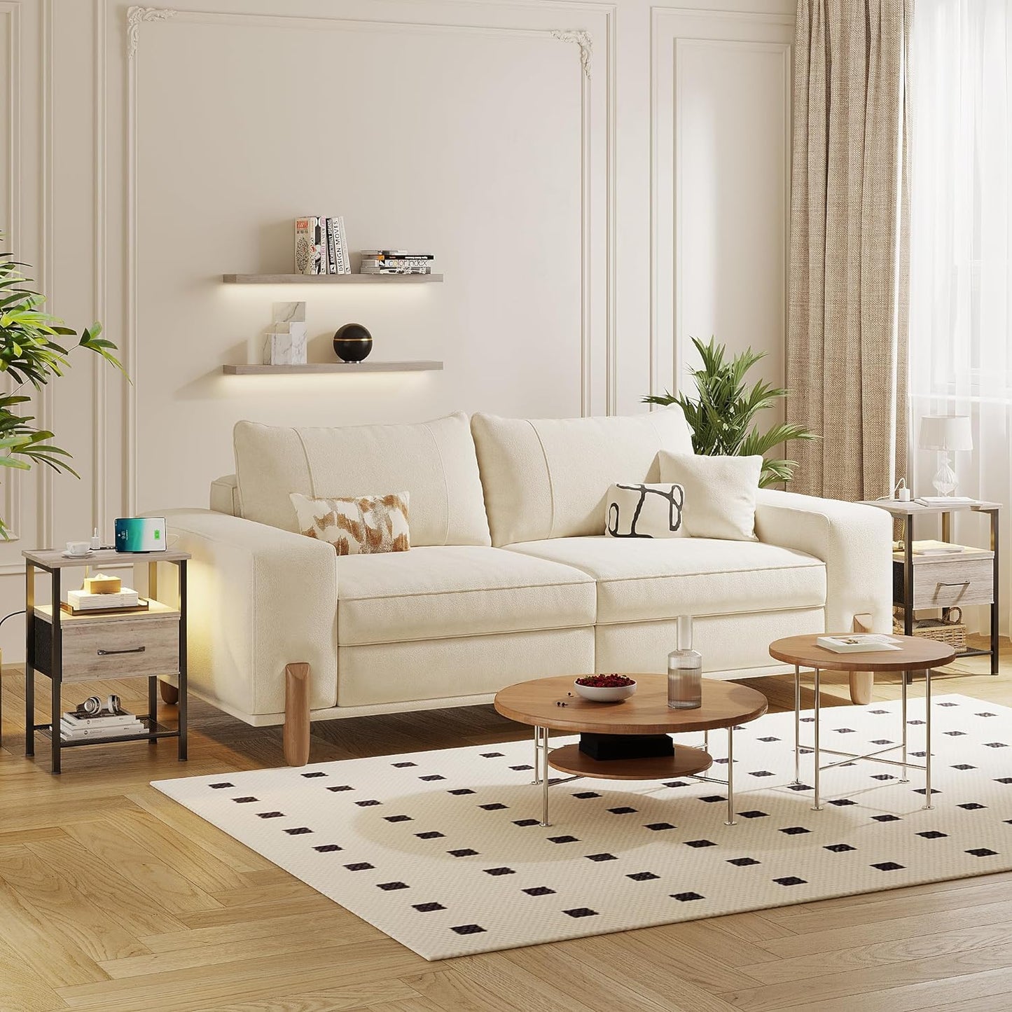 Night Stand Set 2, End Table with Charging Station, LED Bedside Table with Fabric Drawer for Bedroom, 3-Tier Side Table with Open Shelf, Greige