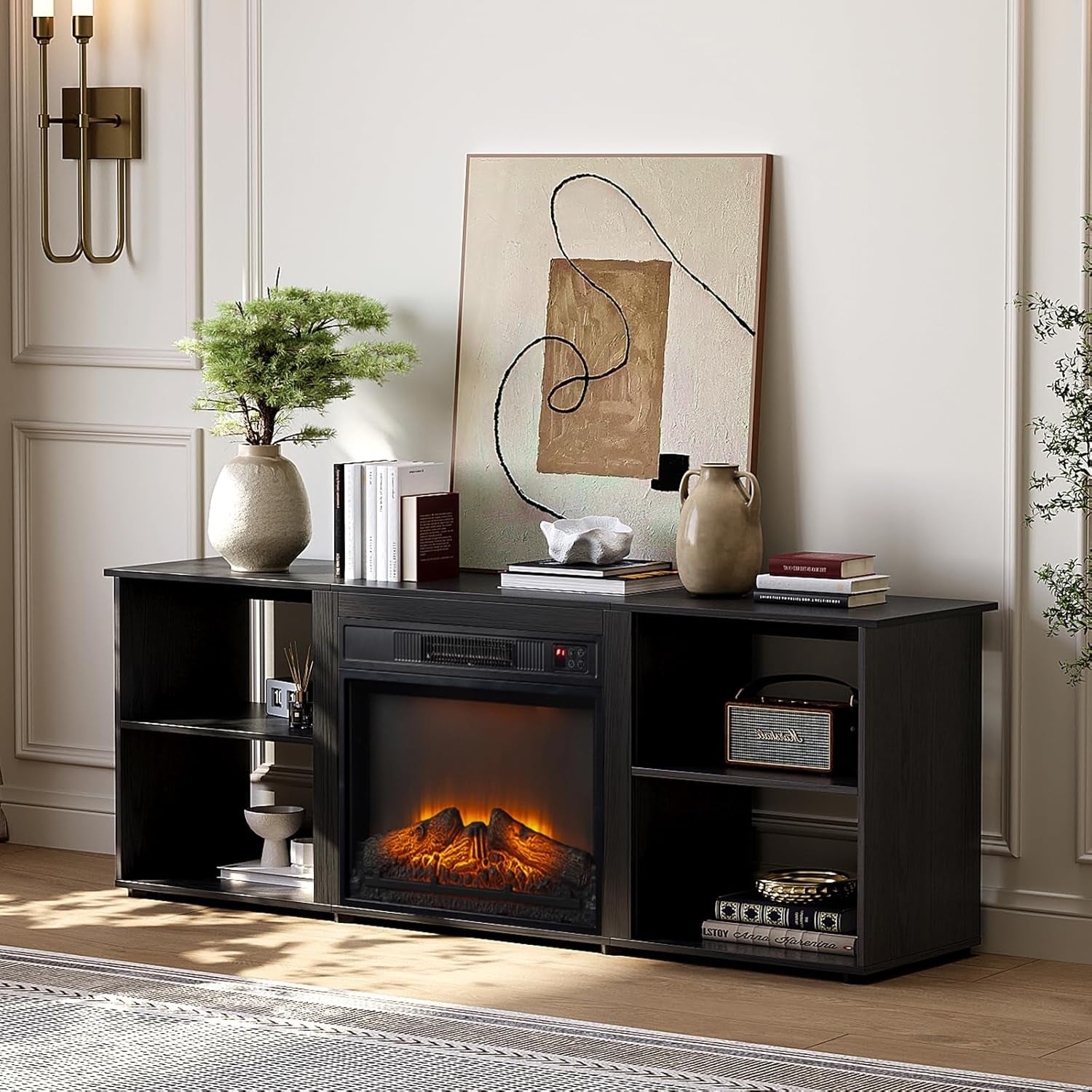 Fireplace TV Stand for up to 70 Inch Tvs, Modern Entertainment Center with Electric Fireplace Heater & Two Open Adjustable Shelves, Fireplace Media Console Table for Living Room, Black