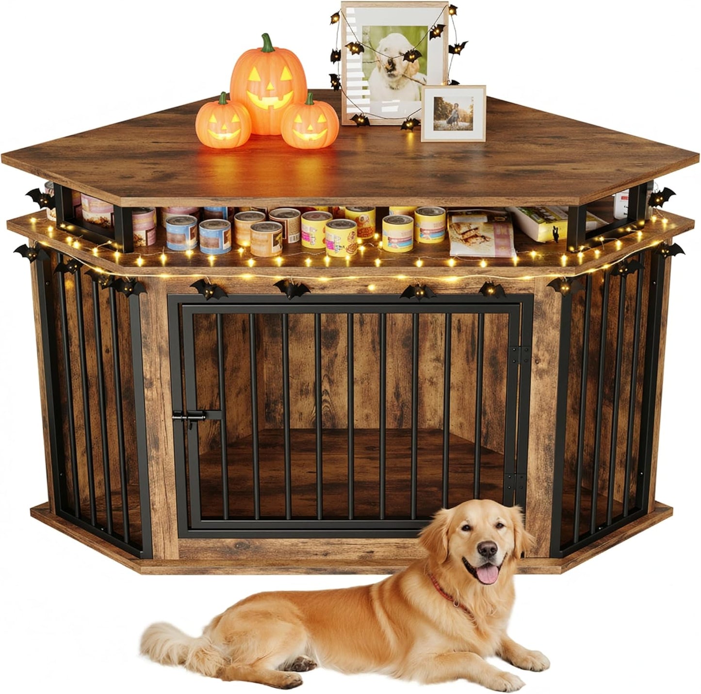 51" Corner Wooden Dog Crate Furniture with 2-Tier Shelves, Pet Kennel for Large Dogs, Space-Saving Dog Cage Indoor, Rustic Brown (26.7" L X 51.2" W X 33.5" H)