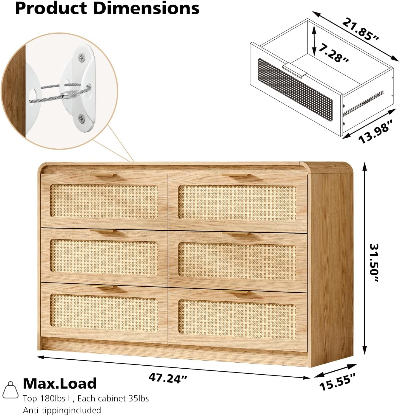 Mid Century Modern Dresser,Rattan 6 Drawers Dresser for Bedroom, 47" Wide Wood Dressers & Chests of Drawers/Curved Profile Design, Natural Texture for Bedroom, Living Room, Natural