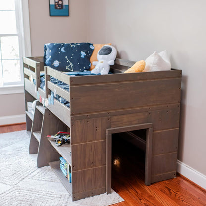 Modern Farmhouse Low Loft Bed, Twin Bed Frame for Kids with 2 Bookcases, Driftwood
