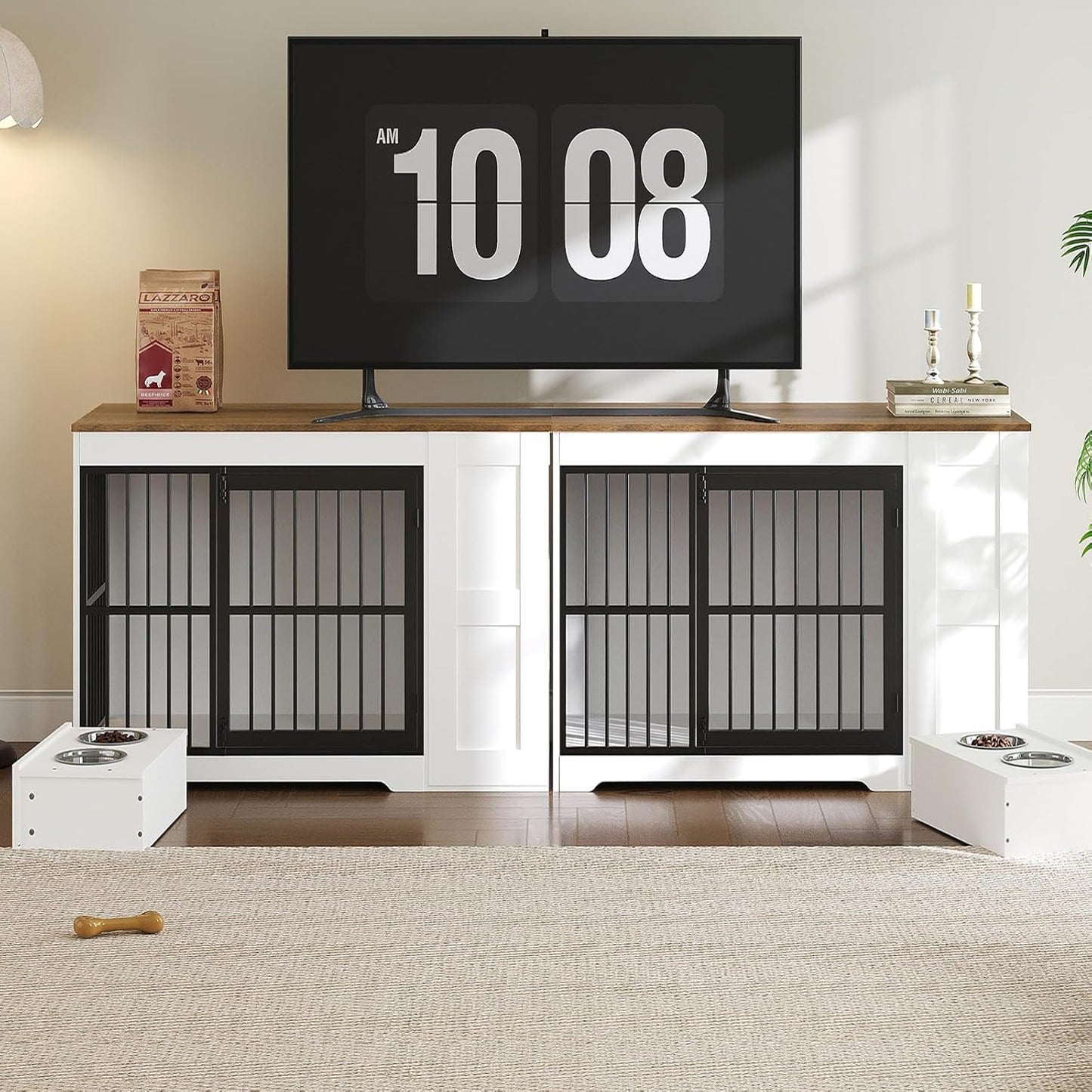 Dog Crate Furniture, 47.2” Dog Kennel Indoor with Storage Shelf and Feeding Bowls, Wooden Dog Kennel Furniture for Medium Large Dogs, White, Walnut and Black