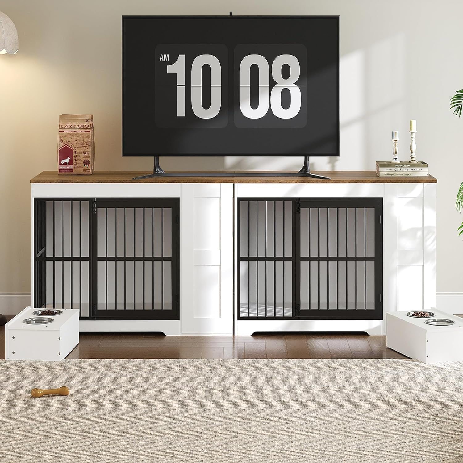 Dog Crate Furniture, 47.2” Dog Kennel Indoor with Storage Shelf and Feeding Bowls, Wooden Dog Kennel Furniture for Medium Large Dogs, White, Walnut and Black