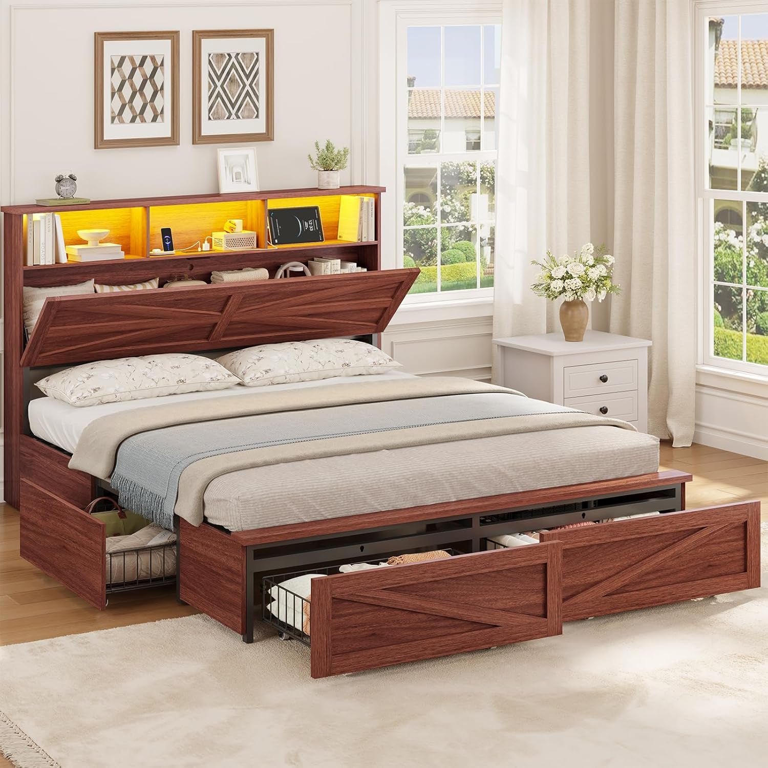 Queen Bed Frame with 6 Drawers, Farmhouse Bed Frame with Barn Door Headboard and Storage, Wood Platform Bed Frame Queen Size with Charging Station and LED Lights, No Box Spring Needed, Brown