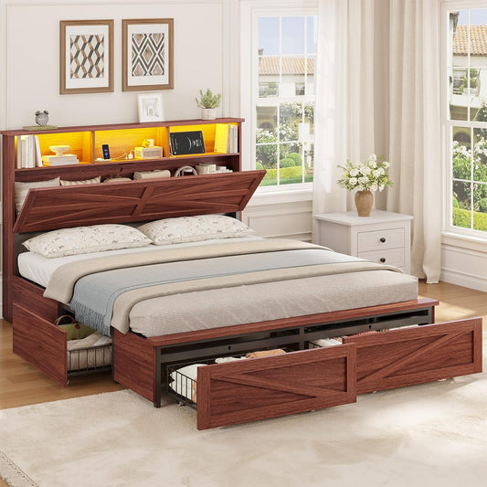 Queen Bed Frame with 6 Drawers, Farmhouse Bed Frame with Barn Door Headboard and Storage, Wood Platform Bed Frame Queen Size with Charging Station and LED Lights, No Box Spring Needed, Brown