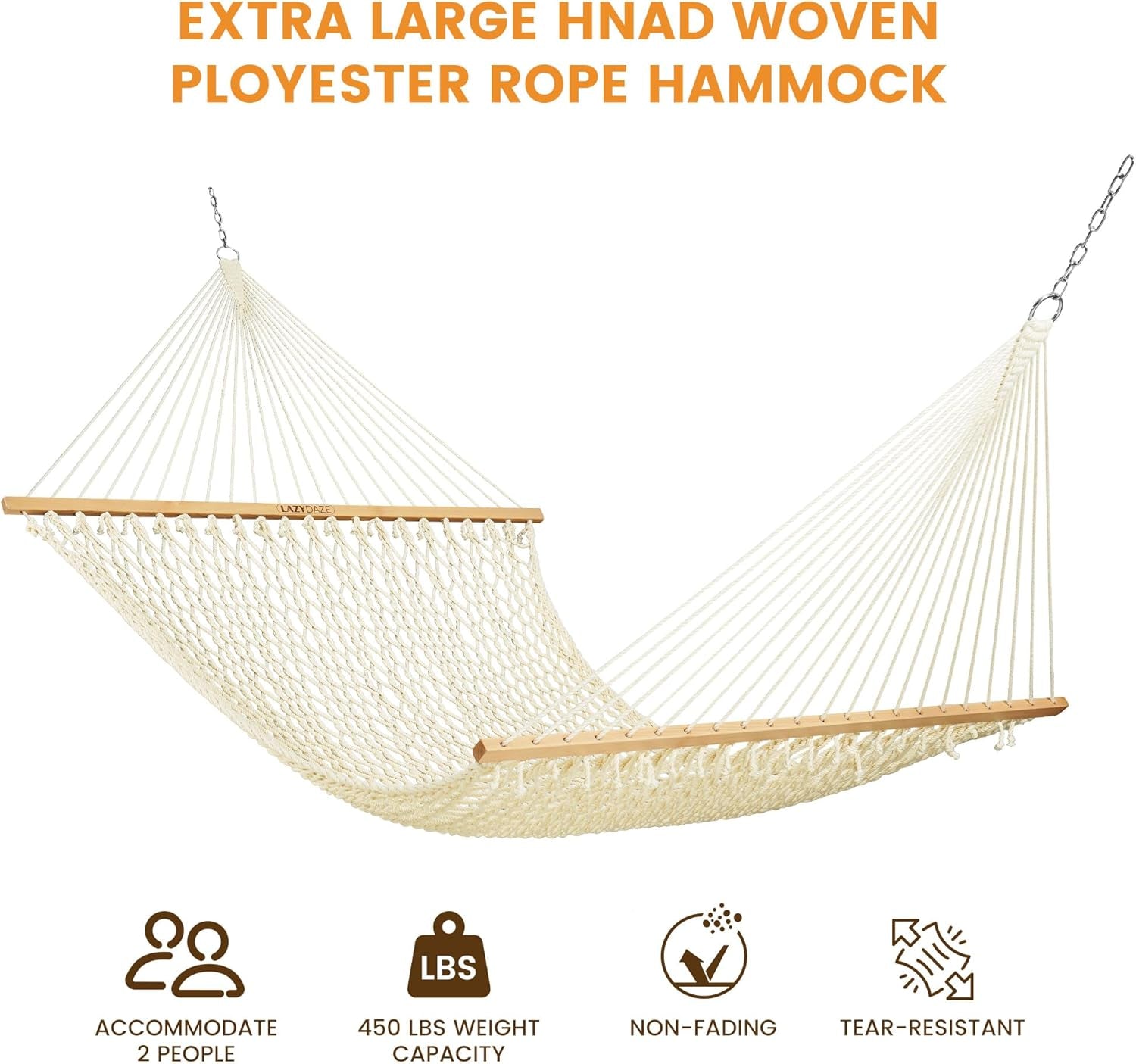 13-FT Polyester Rope Hammock, Double 2 Person Traditional Hand Woven Outdoor Hammock with Spreader Bar, Carabiners, Tree Straps, Chains for outside Patio- Max 450 Lbs, Natural
