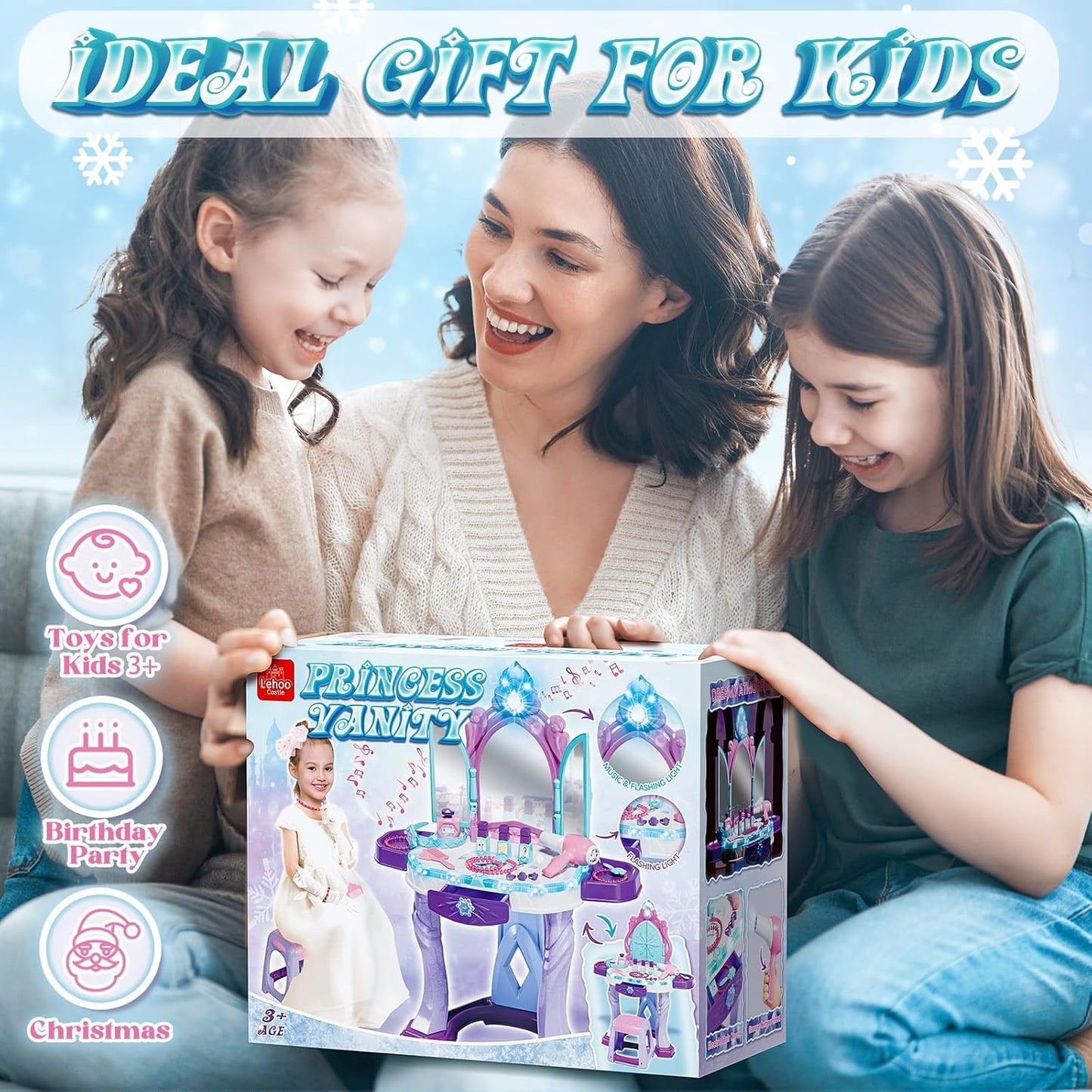 Kids Vanity Table and Chair Set, Girls Makeup Table with Mirror Stool Lights Music, Toddler Pretend Play Vanity Set for Princess Dress Up, Girl Toys Gifts for Age 3 4 5 Years Old