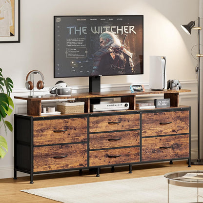 TV Stand with Mount, 63" Entertainment Center for 32/45/55/60/65/70 Inch Tvs, Media Console Table with 7 Drawers, Height Adjustable Mount, Dresser TV Stand for Living Room, Rustic Brown