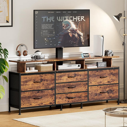TV Stand with Mount, 63" Entertainment Center for 32/45/55/60/65/70 Inch Tvs, Media Console Table with 7 Drawers, Height Adjustable Mount, Dresser TV Stand for Living Room, Rustic Brown