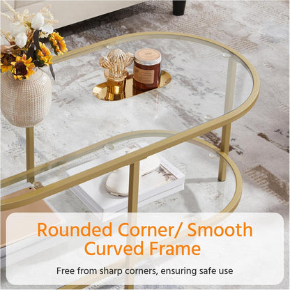 42" Oval Glass Coffee Table for Living Room, 2-Tier Center Table with Storage Shelf for Small Space, Office