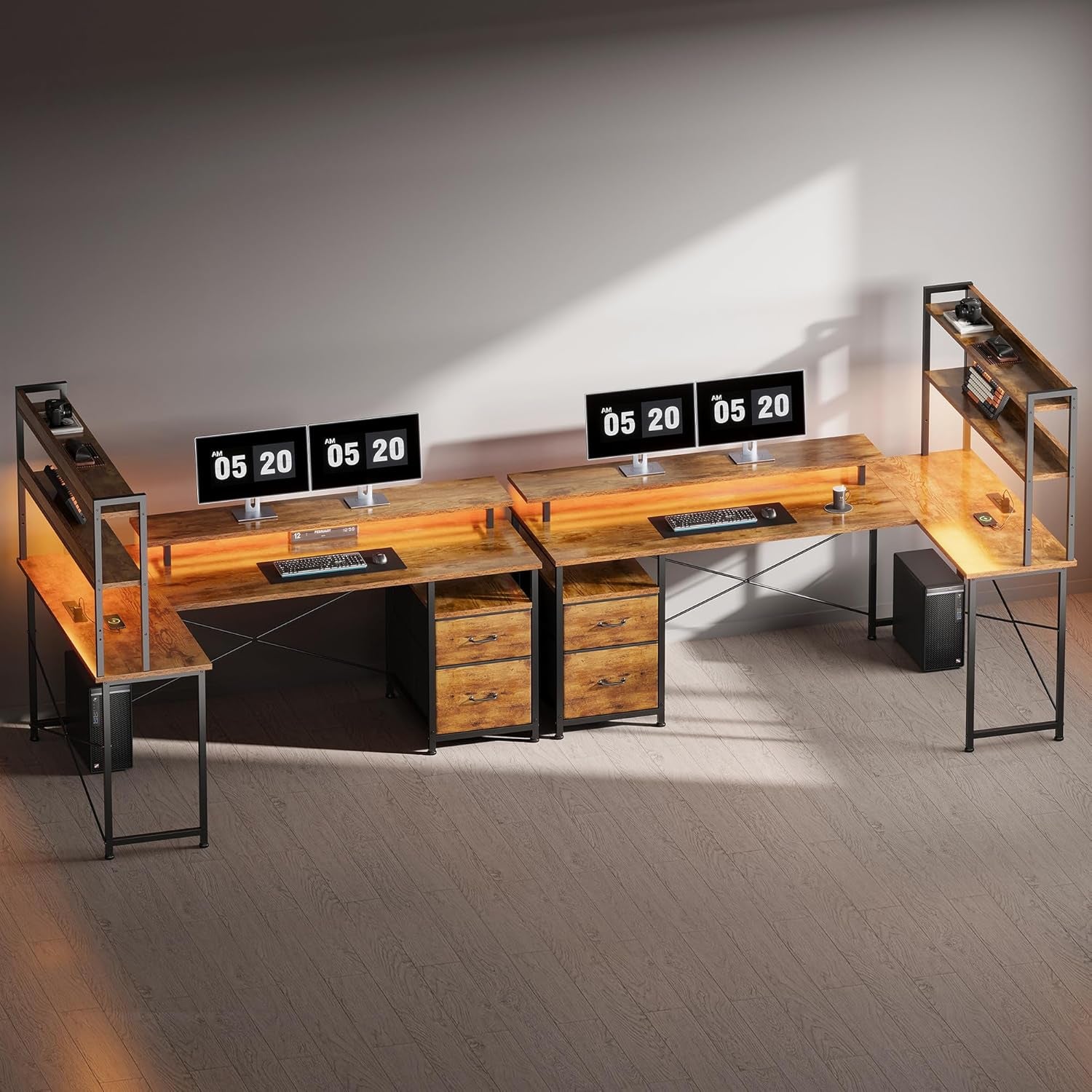 L Shaped Desk with Shelves,Reversible Computer Desk with LED Lights and Charging Station,Home Office Corner Desk with Monitor Stand,Brown2