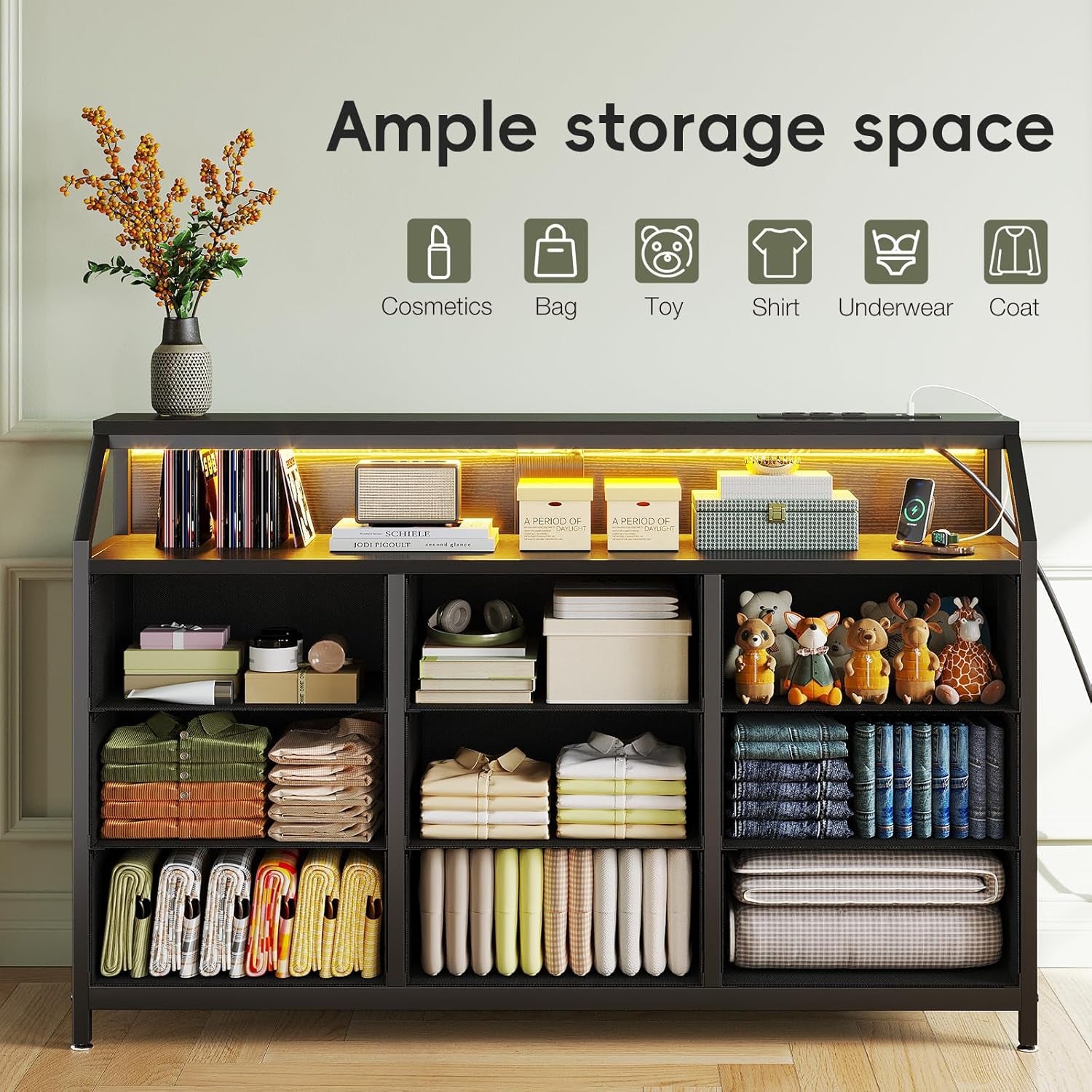 55" Wide 9-Drawer Dresser for Bedroom with LED Lights and Charging Station, Fabric Dressers & Storage Chest of Drawers with Shelves for Closet, Black
