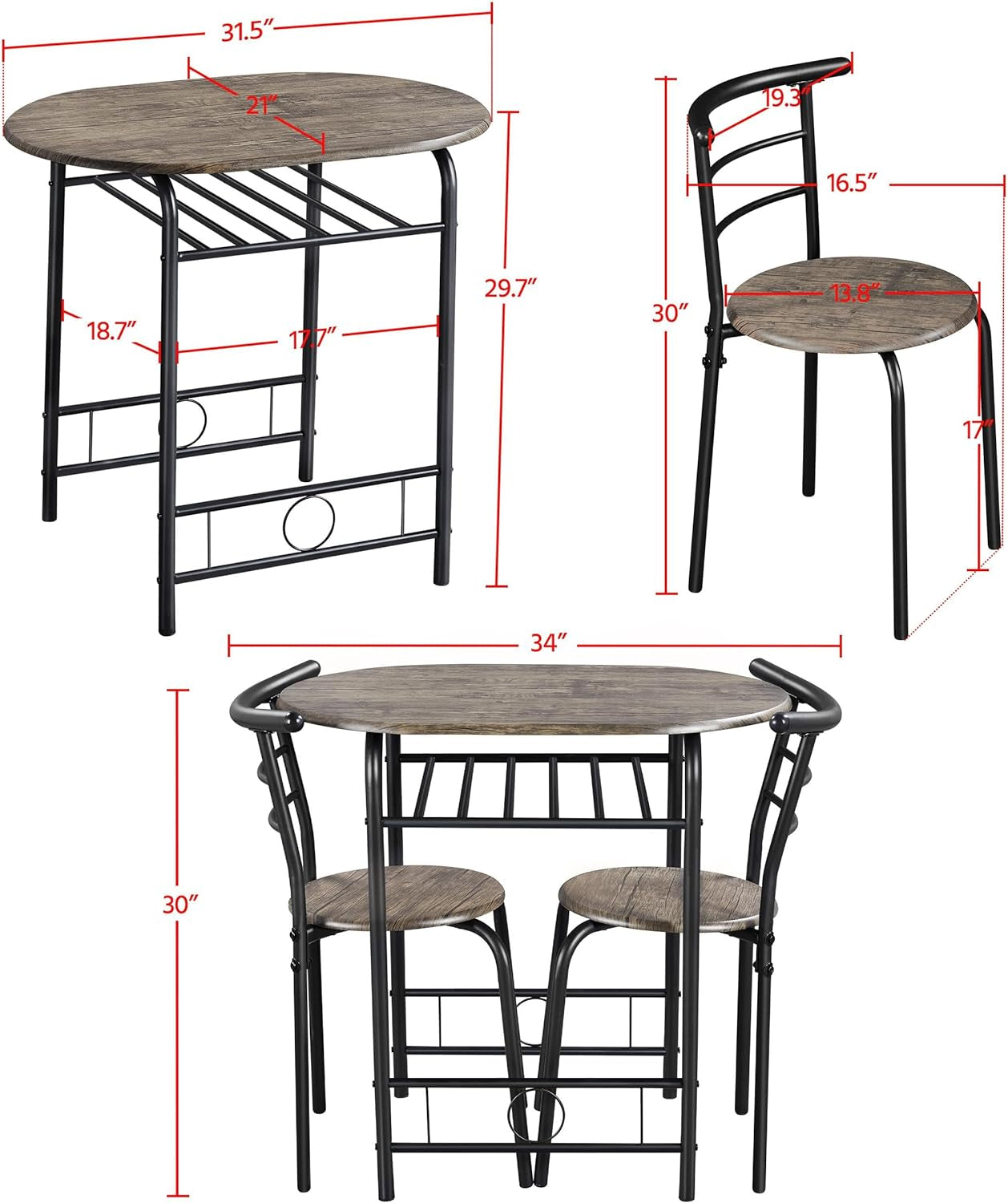 3 Piece Dining Table Set, Kitchen Table & Chair Sets for 2, Compact Bistro Table Set with Steel Legs, Built-In Wine Rack for Small Space, Apartment, Breakfast Nook, Drift Brown