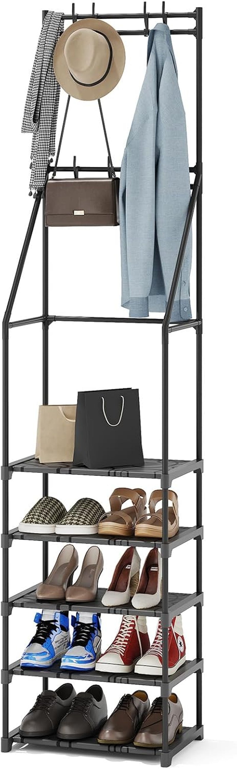 Coat Rack with Shoe Storage, Space-Saving Entryway Coat Shoe Rack, Easy Assembly Hall Tree, Multifunctional Storage Solution，Black